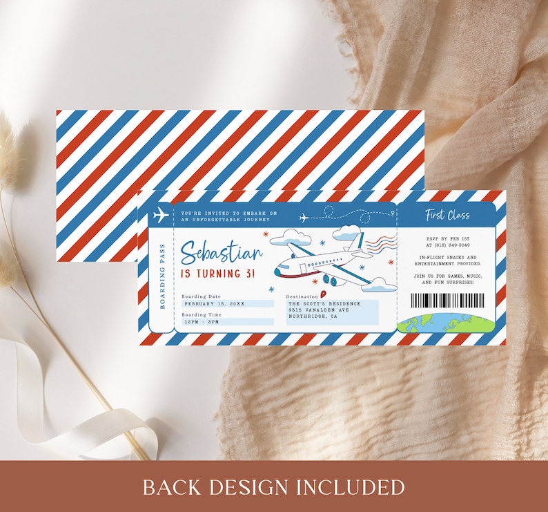May include: A blue and red striped airplane ticket invitation for a 31st birthday party. The invitation features a cartoon airplane and the text "Sebastian is turning 31".