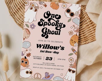 May include: A pink invitation with the text "One Spooky Ghoul" and "Willow's 1st Boo-day." The design includes cartoon ghosts, pumpkins, flowers, and clouds. The invitation also includes the date, time, and location.