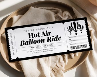 Heißluftballonticket-Vorlage, bearbeitbarer Heißluftballongeschenkgutschein, druckbarer Ballongutschein, Überraschungsreiseticket