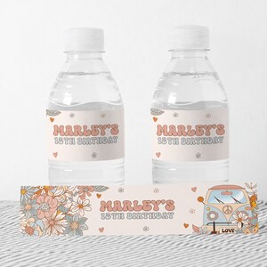 Groovy Birthday Water Bottle Labels EDITABLE, Floral Groovy Party Labels Printable, Hippie Party Bottle Wrapper, Retro Birthday Decor GH13