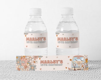 Groovy Floral Birthday Water Bottle Labels: Editable Hippie Party Decor (Digital Download) GH13