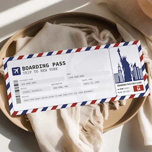 Carte d'embarquement pour New York MODIFIABLE, billet cadeau voyage surprise, faux billet d'avion imprimable, billet d'avion, voyage à New York