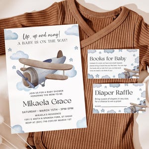 Airplane Baby Shower Invitation Set EDITABLE, Vintage Blue Plane Baby Shower Invitation Suite, Travel Baby Shower, Baby Landing Soon AP13