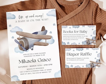 Airplane Baby Shower Invitation Set EDITABLE, Vintage Blue Plane Baby Shower Invitation Suite, Travel Baby Shower, Baby Landing Soon AP13