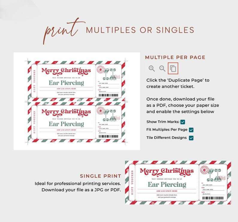 May include: Printable Christmas gift voucher template with a red and green striped border. The voucher is for ear piercing and says "Merry Christmas Ear Piercing". The template can be printed as a single page or multiple pages.