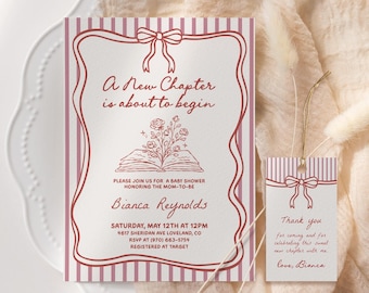 Zaproszenie na baby shower „Nowy rozdział zaczyna się”, edytowalne zaproszenie na baby shower w formie książki z opowiadaniami, drukowane zaproszenie na baby shower w stylu książki „Coquette Book” NC17