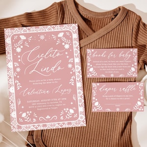 Cielito Lindo Baby Shower Invitation Set EDITABLE, Pink Talavera Baby Shower Invitation Suite, Mexican Baby Shower, Papel Picado CL27