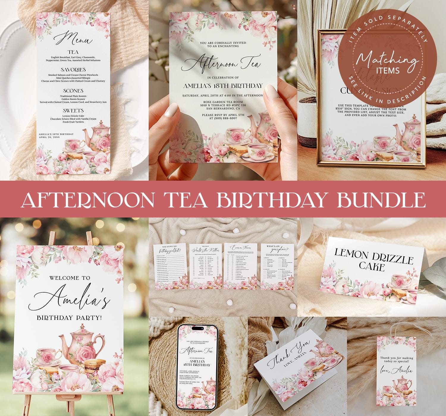 Afternoon Tea Birthday Digital Invitation EDITABLE, Blush Pink Floral ...