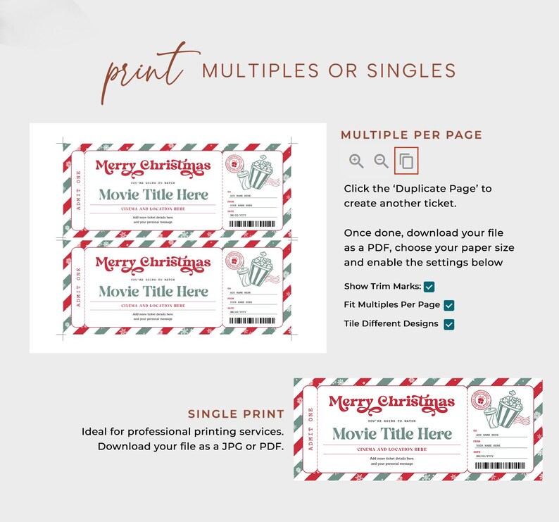 May include: Printable Christmas movie ticket template with red and green stripes. The ticket says "Merry Christmas" and "Movie Title Here". The template can be printed as a single ticket or multiple tickets per page.