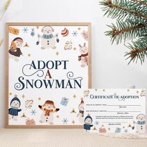 Adopt a Snowman Sign and Certificate, Christmas Birthday Adoption Sign Printable, Holiday Party Decor, Winter Birthday, INSTANT DOWNLOAD