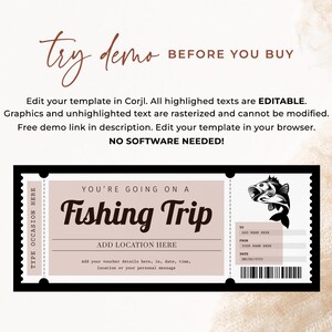 K&ouml;nnte beinhalten: Eine druckbare Angel-Ticket-Vorlage mit einem braunen und wei&szlig;en Farbschema. Das Ticket hat eine Fischgrafik und den Text "You're going on a Fishing Trip".