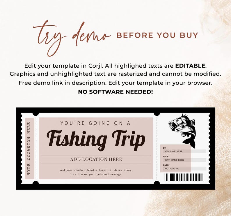 K&ouml;nnte beinhalten: Eine druckbare Angel-Ticket-Vorlage mit einem braunen und wei&szlig;en Farbschema. Das Ticket hat eine Fischgrafik und den Text "You're going on a Fishing Trip".