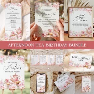 Nachmittagstee Geburtstagseinladung Bundle EDITIERBAR, Pink Blumen High Tea Party Bundle, druckbare Garten Teeparty Geburtstagsvorlage AT28