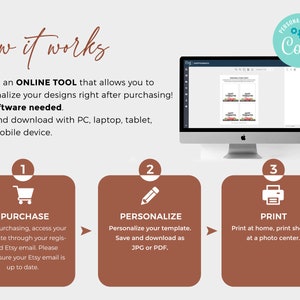 May include: A graphic illustrating how to use Corjl, an online tool for personalising designs. The steps are: purchase, personalise, and print. The image shows a computer screen with a Corjl design template, a shopping cart icon, a pencil icon, and a printer icon.