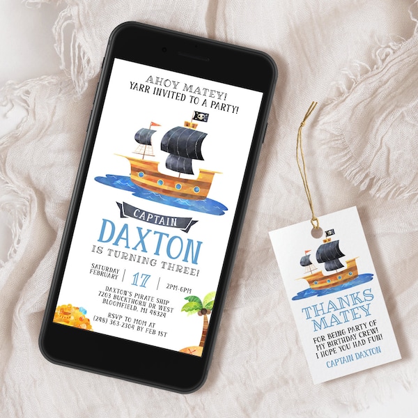 Pirate Birthday Digital Invitation EDITABLE, Modern Minimalist Pirate Party Evite, Pirate Ship Invitation, Mobile Phone Text Message Invite