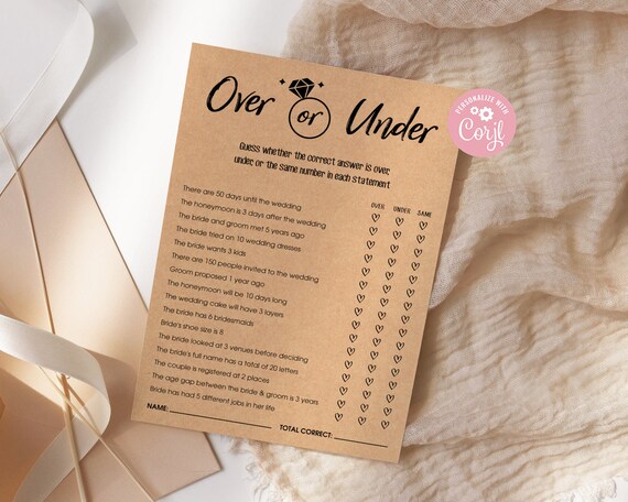 Over or Under Bridal Shower Game Editable, Bridal Shower Game Printable ...