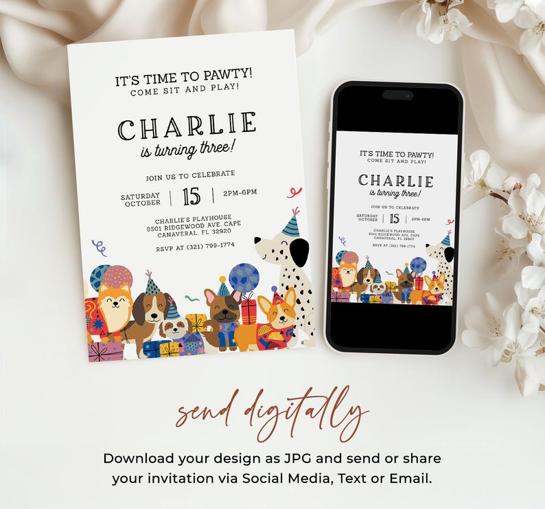Let's Pawty Dog Birthday Invitation, Pawty Party Invite, Puppy Party Invitation, Dog Theme Birthday Invite, EDITABLE Printable, Digital Download