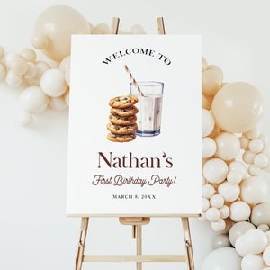 Milk and Cookies Birthday Welcome Sign EDITABLE, Milk and Cookies First Birthday Party Decor, Printable Cookie Birthday Welcome Poster MC42