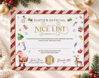 PRINTED Santa Nice List Certificate for Kids, Official North Pole Christmas Award, Santa Claus Good List Keepsake, Christmas Cardstock CG25