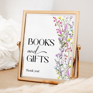 Letrero de flores silvestres con libros y regalos, letrero imprimible con motivos florales bohemios para baby shower, decoración para baby shower en flor, descarga instantánea WS12