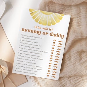 Jogo de chá de bebê Sunshine Mommy or Daddy EDITÁVEL, atividade para chá de bebê Boho Sun para impressão, cartão de jogo Adivinhe quem disse mamãe ou papai RS03