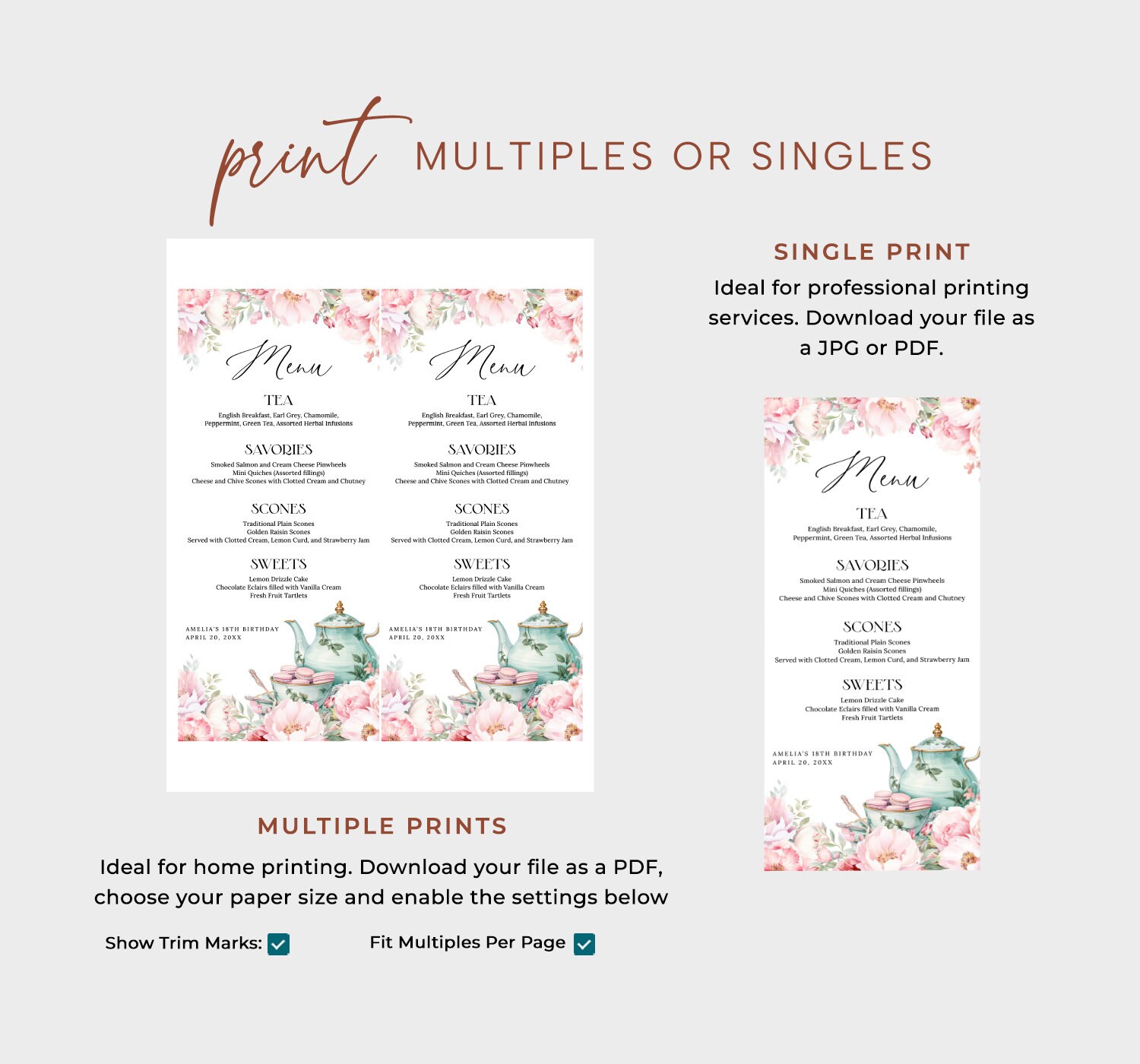 Floral Tea Party Menu Template EDITABLE, Blush Pink High Tea Menu Cards ...