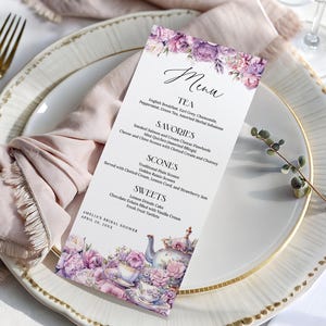 Lila Blumen Teeparty Menü Vorlage EDITIERBAR, High Tea Menükarten, Nachmittagstee Party, Gartenparty, Baby Brautdusche Geburtstag AT28