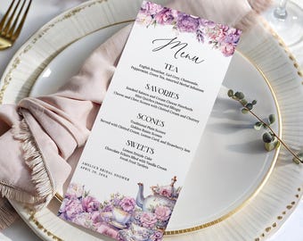 Purple Floral Tea Party Menu Template EDITABLE, High Tea Menu Cards, Afternoon Tea Party, Garden Party, Baby Bridal Shower Birthday AT28