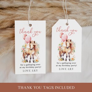 May include: Two white thank you tags with a pink and brown horse illustration and pink balloons. The text on the tags reads "thank you for a galloping over at my birthday party! LOVE. LILY"