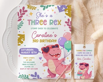 Zaproszenie na urodziny dla dziewczynki z trzema reksami, zaproszenie na przyjęcie urodzinowe z różowym dinozaurem, zaproszenie na 3. urodziny z dinozaurem T-Rex, edytowalny szablon do druku