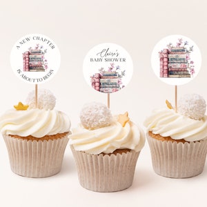 Storybook Cupcake Toppers EDITABLE, Coquette Book Themed Cupcake Topper, New Chapter Shower, Library Theme, Baby Bridal Shower Birthday CB06
