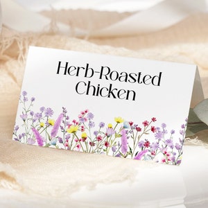 Wildblumen-Lebensmitteletiketten EDITIERBAR, Boho Blumen-Babyparty-Tischkarten, minimalistische Brautdusche Lebensmittelzeltkarte, gefaltetes Buffetetikett WS12