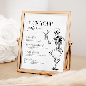 Wybierz swój truciznę Bar Menu Znak EDYTOWALNY, Halloween Drink Znak Do Wydrukowania, Halloween Skeleton Cocktail Menu, Halloween Party Bar Menu Znak
