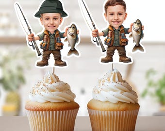 Fishing Face Cupcake Toppers, Personalized Fisherman Photo Cupcake Toppers, Custom Ofishally One Topper, Fishing Birthday Party Decor