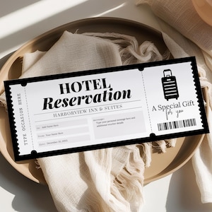 Cupón de reserva de hotel editable, plantilla de regalo para estancia en hotel, certificado imprimible para vacaciones, boleto de regalo personalizado, para cualquier ocasión HR22