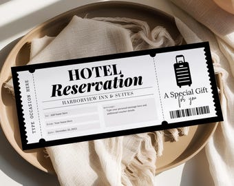 Hotel Reservation Gift Certificate Template EDITABLE, Staycation Voucher, Printable Weekend Away Gift Voucher, Personalized Gift Ticket HR22