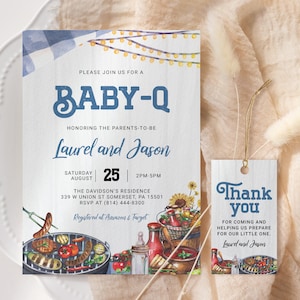 Blue Baby-Q Shower Invitation EDITABLE, BBQ Baby Shower Invitation Printable, Couples Backyard Baby Shower Invite, Coed Gender Reveal BBQ25