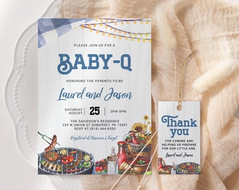 Blue Baby-Q Shower Invitation EDITABLE, BBQ Baby Shower Invitation Printable, Couples Backyard Baby Shower Invite, Coed Gender Reveal BBQ25