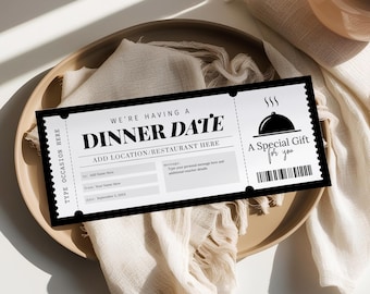 May include: A black and white printable dinner date gift certificate with the text "We're having a dinner date" and "A special gift for you".