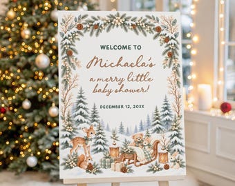PRINTED Winter Baby Shower Welcome Sign, Christmas Woodland Baby Shower Sign, Merry Little Baby Shower, Gender Neutral Holiday Decor WB5