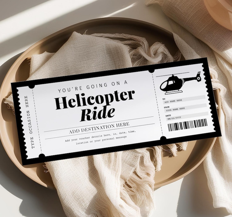 Helicopter Ride Voucher EDITABLE, Surprise Travel Trip Gift Certificate Printable, Ticket Template, Experience Gift Card, Any Occasion
