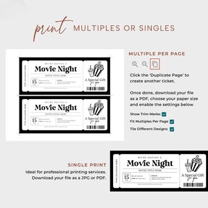 Peut inclure: Un mod&egrave;le de billet de cin&eacute;ma imprimable avec le texte "We're having a Movie Night" et une ic&ocirc;ne de seau de popcorn. Le mod&egrave;le est con&ccedil;u pour imprimer plusieurs billets par page ou en impression simple.
