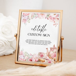 Custom Floral Tea Party Sign EDITABLE, Blush Pink High Tea Table Sign Template, Garden Afternoon Tea Party, Baby Bridal Shower Birthday AT28