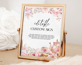 Custom Floral Tea Party Sign EDITABLE, Blush Pink High Tea Table Sign Template, Garden Afternoon Tea Party, Baby Bridal Shower Birthday AT28
