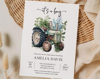 Greenery Tractor Baby Shower Invitation EDITABLE, Vintage Tractor Baby Shower Invitation Printable, It's a Boy Shower, Farm Baby Shower GT05