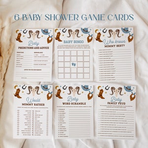 Lot de jeux de baby shower cowboy MODIFIABLE, 6 jeux de baby shower western à imprimer, lot de 6 cartes de jeu de baby shower rodéo du Far West CB31
