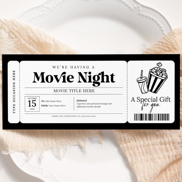 Movie Night Gift Coupon EDITABLE, Cinema Ticket Template, Movie Night Invitation, Personalized Movie Ticket, Printable Voucher, Any Occasion