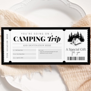 Camping Trip Voucher EDITIERBAR, Überraschungs Camping Trip Coupon druckbar, personalisierte Geschenkgutschein, Reisegeschenkkarte, jeden Anlass