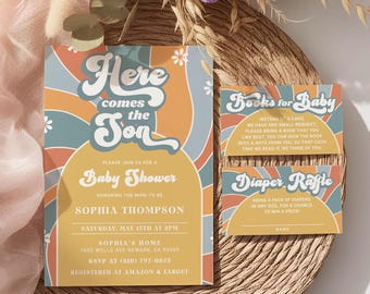 Here Comes The Son Baby Shower Invitation Set EDITABLE, Sunshine Baby Shower Invitation Bundle, Retro Sun Baby Shower Invite, Baby Boy HC03