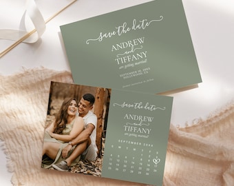Sage Green Photo Calendar Save The Date EDITABLE, Botanical Wedding Announcement Printable, Modern Boho Rustic Wedding, Instant Download